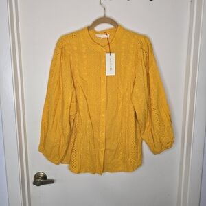 Solitaire Yellow Mandarin Collar 3/4 Sleeve Blouse